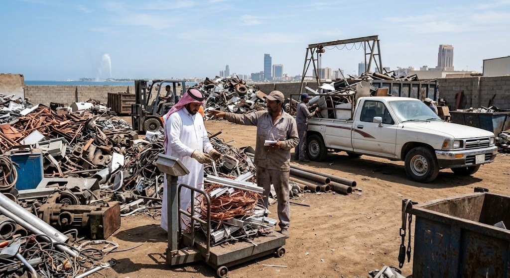 عمال متخصصون يقومون بفرز وتحميل الخردة والمعادن ضمن خدمات شراء سكراب حي الروابي بجدة باستخدام سيارات نقل مجهزة لضمان سرعة الإنجاز والمصداقية في الوزن