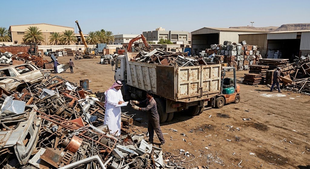 شاحنات شركات شراء السكراب في جدة ونقل ثقيلة وعمال متخصصون يقومون بفرز وتوزيع الخردة المعدنية داخل ساحة واسعة تابعة لإحدى المنشآت المتخصصة في إعادة التدوير بمدينة جدة