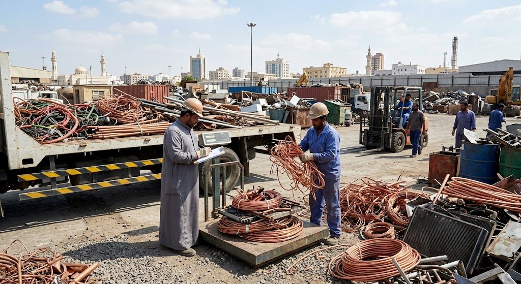 عمال متخصصون يقومون بفرز ووزن وتحميل خردة النحاس والمعادن بعناية داخل شاحنات نقل مجهزة ضمن أعمال شراء سكراب نحاس بجده لضمان تقديم أفضل الأسعار وإتمام عملية البيع بسرعة وموثوقية