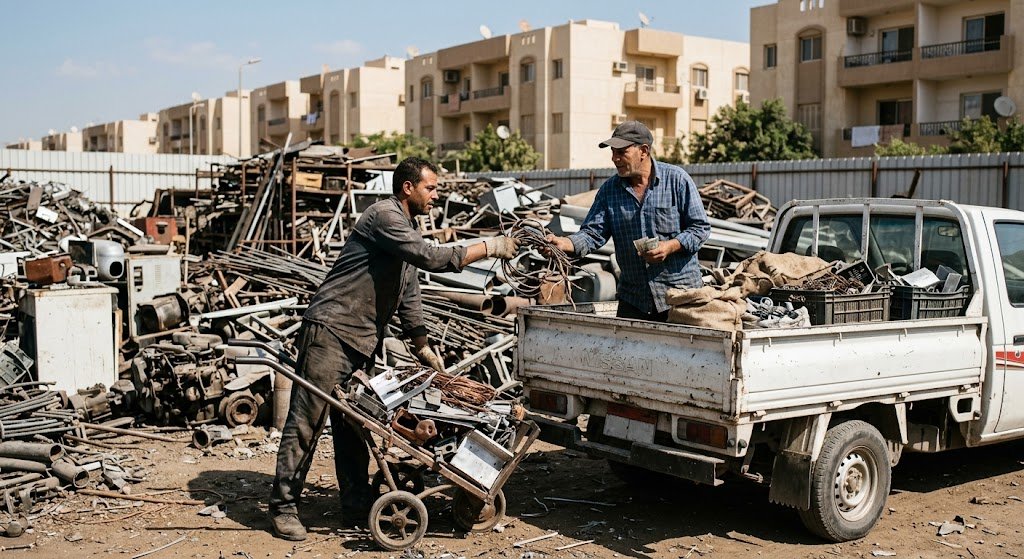 عمال محترفون يقومون بفرز وتحميل الخردة المعدنية وسكراب الألمنيوم والحديد على شاحنة نقل مخصصة أمام أحد محلات شراء السكراب في حي المنتزهات بجدة