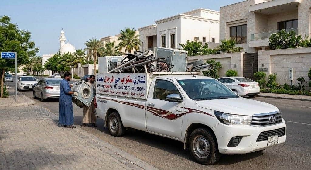 تجميع وتصنيف احترافي لقطع السكراب المعدني المتنوعة والخردة الجاهزة للبيع بأعلى الأسعار داخل ساحة مخصصة في حي المرجان بمدينة جدة
